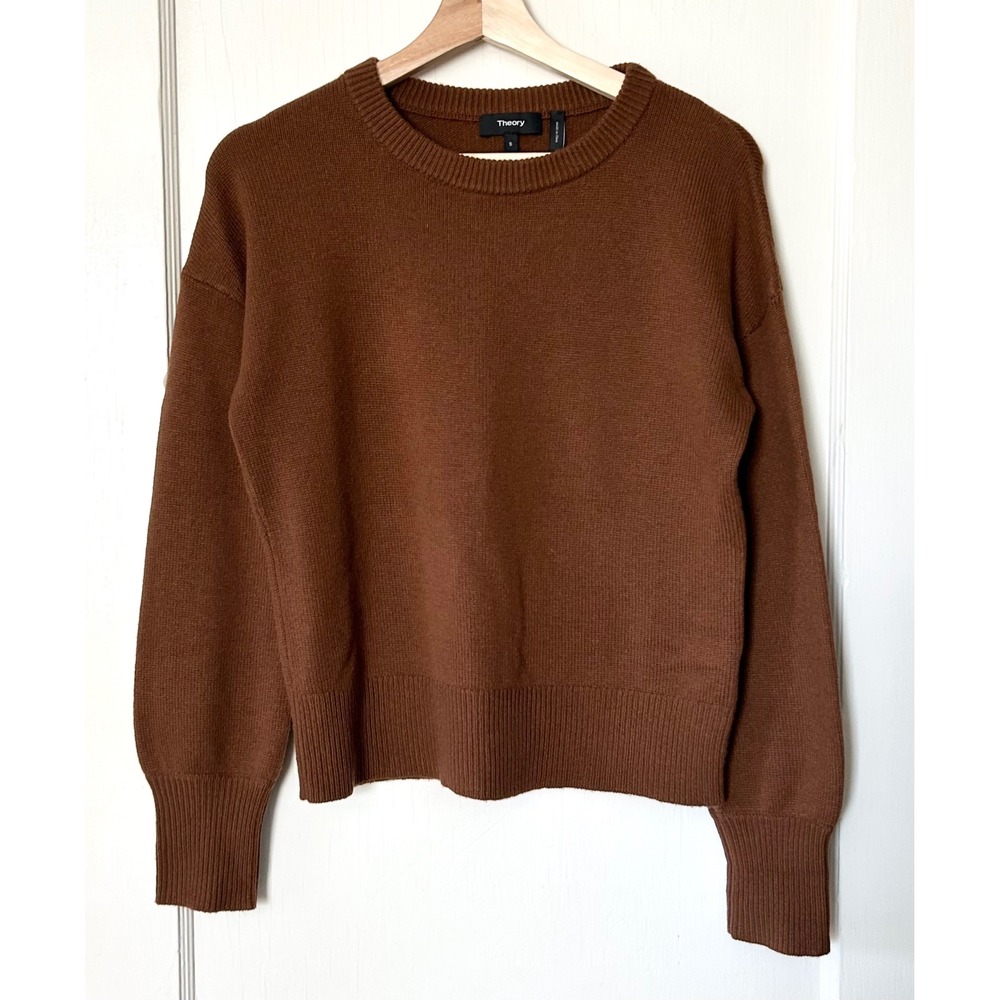 Theory 100% Cashmere Soft Drop Shoulder Crew Sweater Syrup Brown S Quiet Luxury